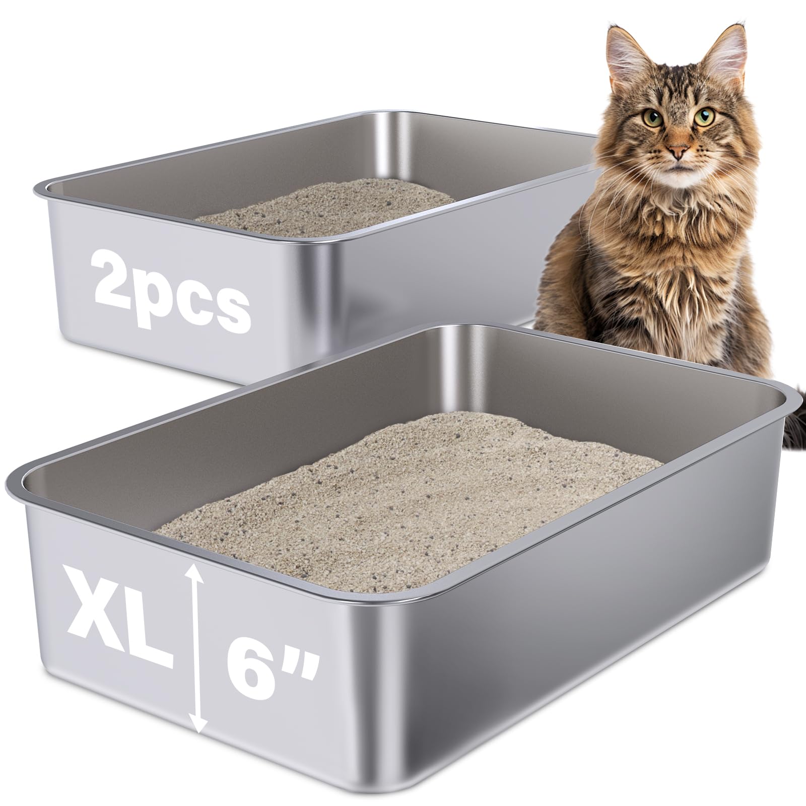 Holintan stainless steel litter box 2-pack top view highlights extra-large interior space for big cats.