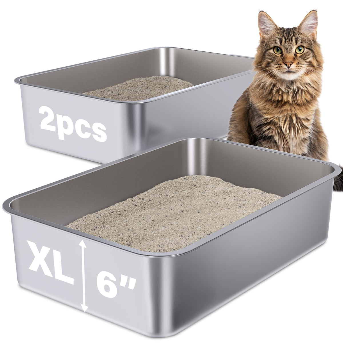 Holintan stainless steel litter box 2-pack top view highlights extra-large interior space for big cats.