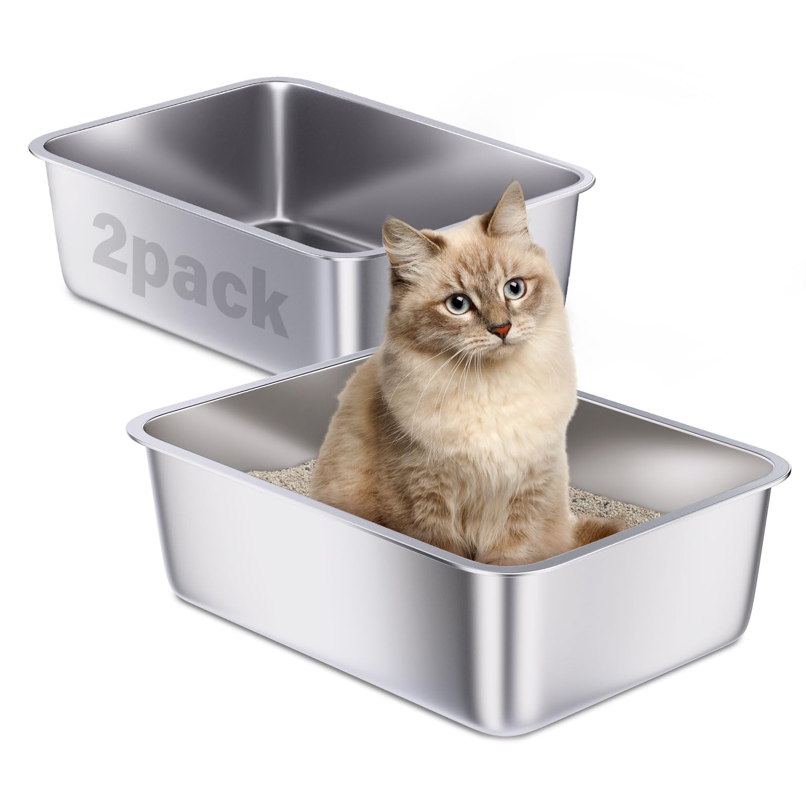 Holintan stainless steel litter box 2-pack front view showing durable, easy-to-clean design