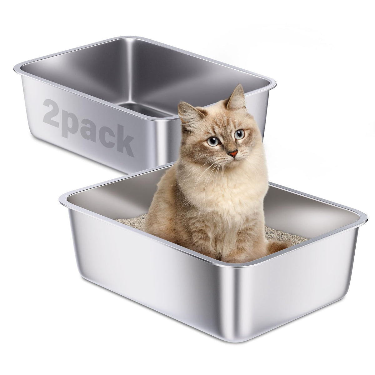 Holintan stainless steel litter box 2-pack front view showing durable, easy-to-clean design