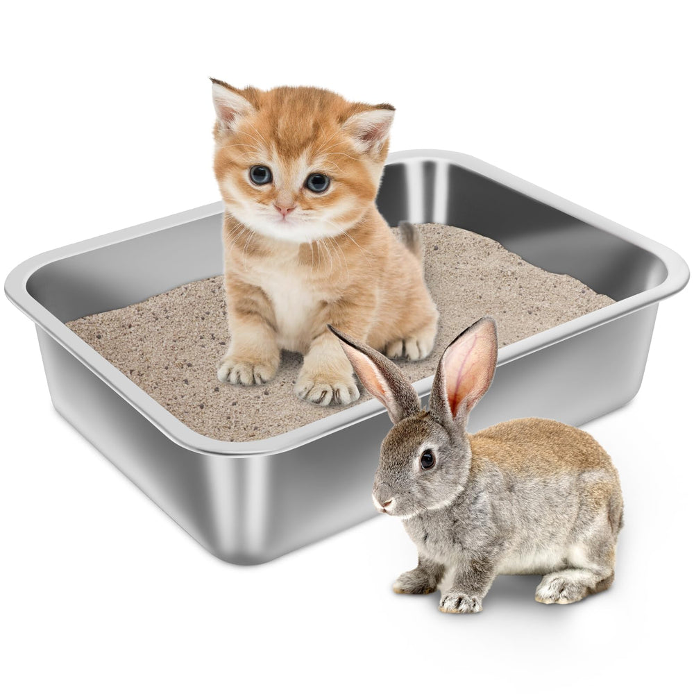 Holintan stainless steel litter box for kittens, front view, easy entry and clean design.