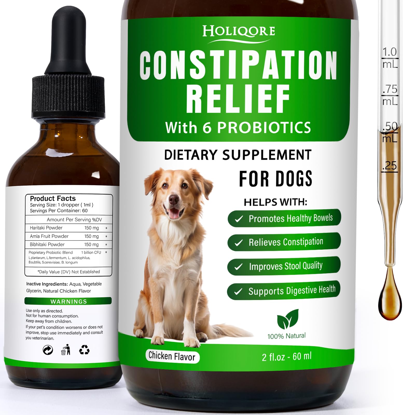 Holiqore dog constipation relief bottle on a clean surface for gentle digestive support