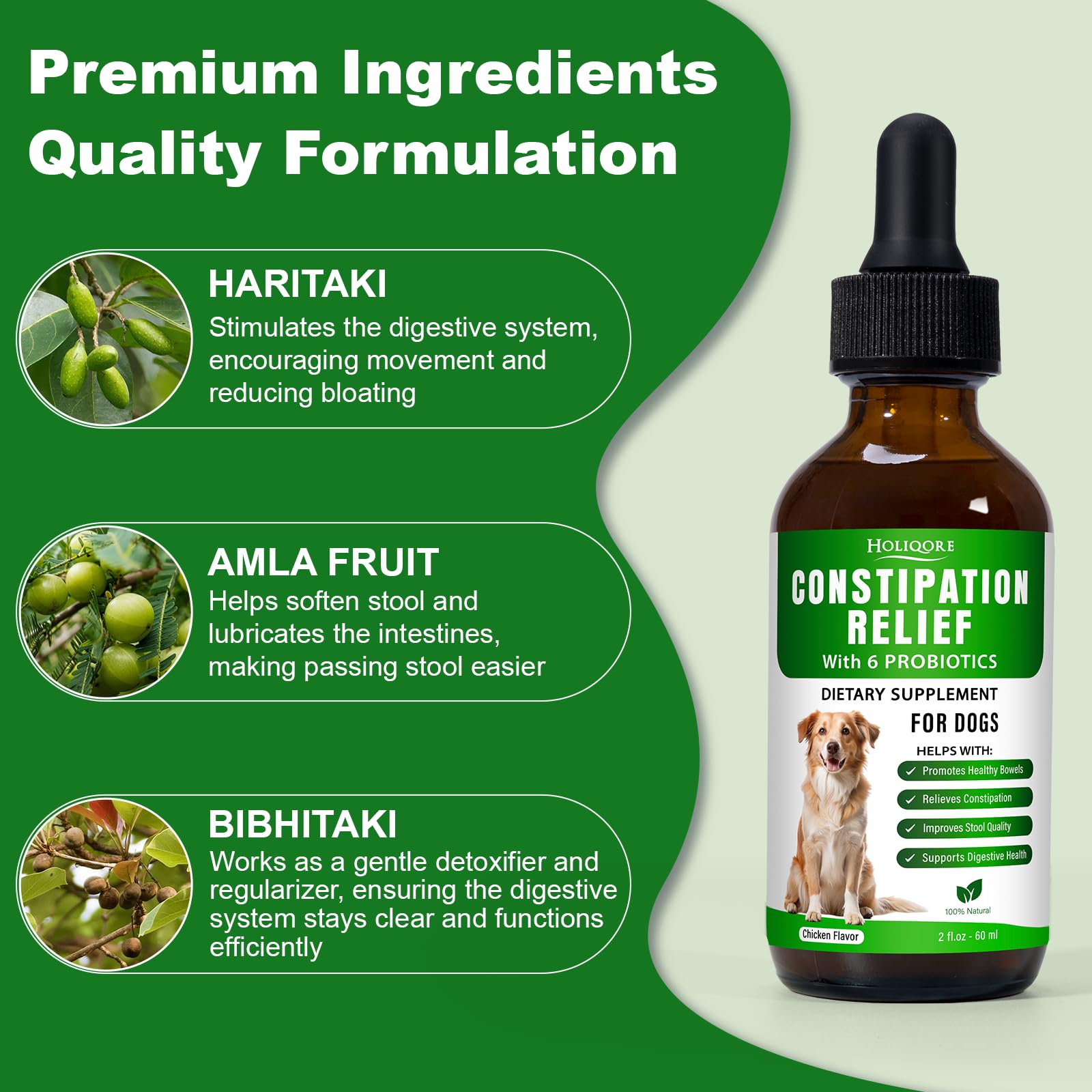 Holiqore dog constipation relief helps dogs feel comfortable after dosing