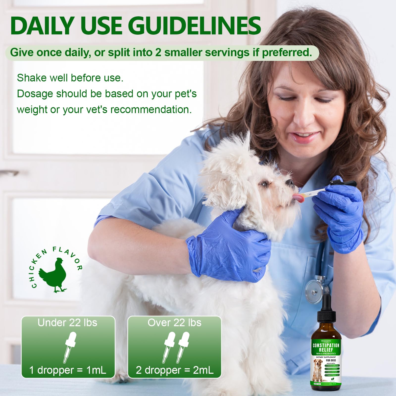 Holiqore dose instruction graphic with liquid drops