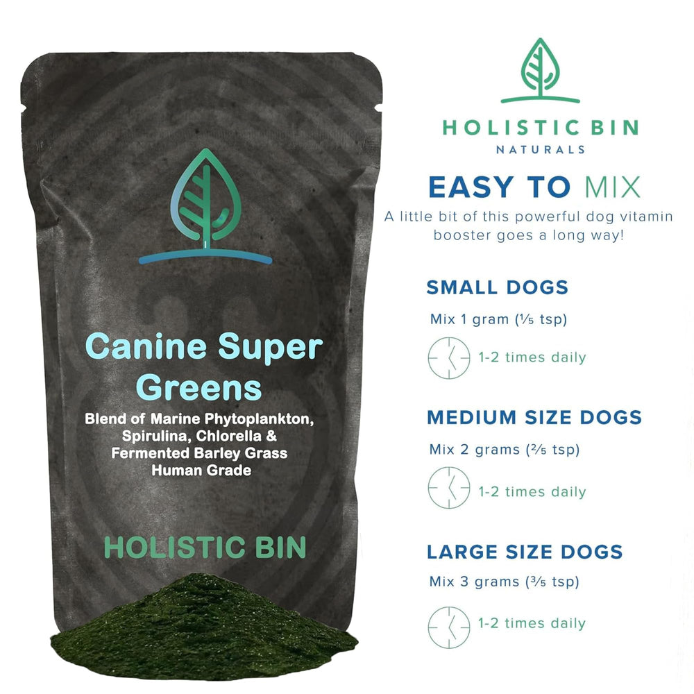 Holistic Bin spirulina-chlorella greens highlight nutrient-dense daily support.