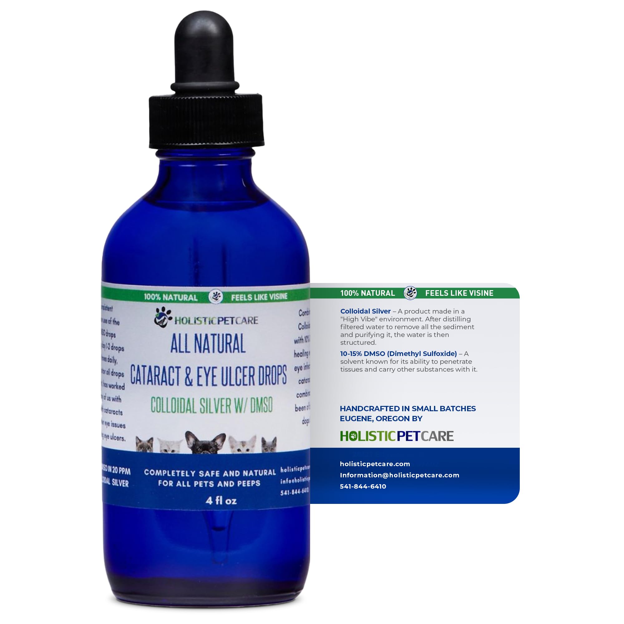 Holistic Pet Care Eye Ulcer Drops being applied as 1-2 drops into the eye.