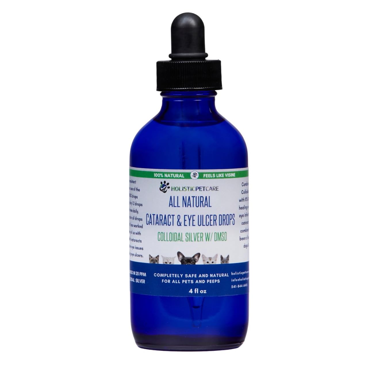 Holistic Pet Care Eye Ulcer Drops label close-up highlights natural ingredients.