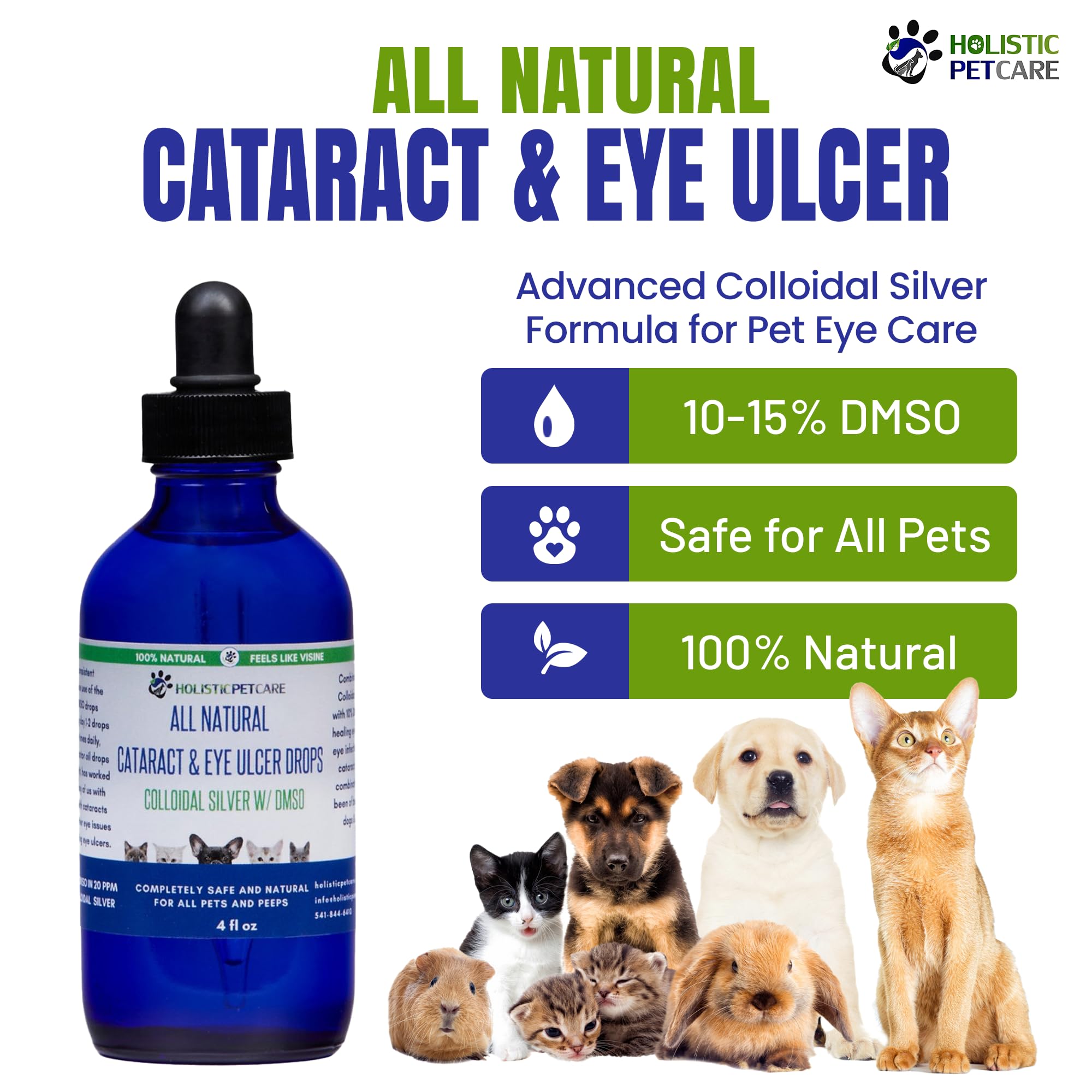 Holistic Pet Care Eye Ulcer Drops packaging emphasizing convenient 4oz size.