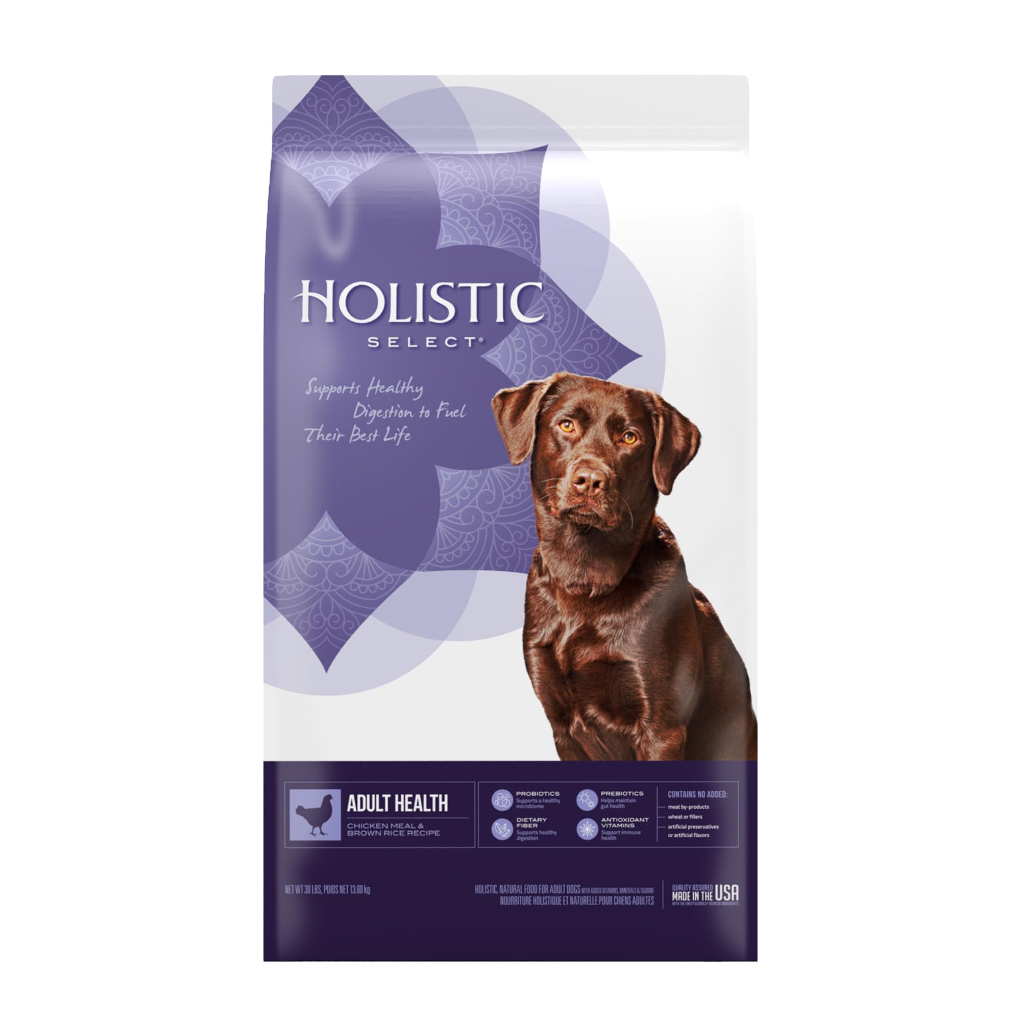 Holistic Select adult dry dog food bag front showing a natural balanced nutrition formula