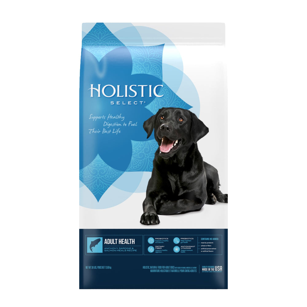 Holistic Select anchovy-sardine-salmon meal bag highlights premium fish protein for balanced nutrition.