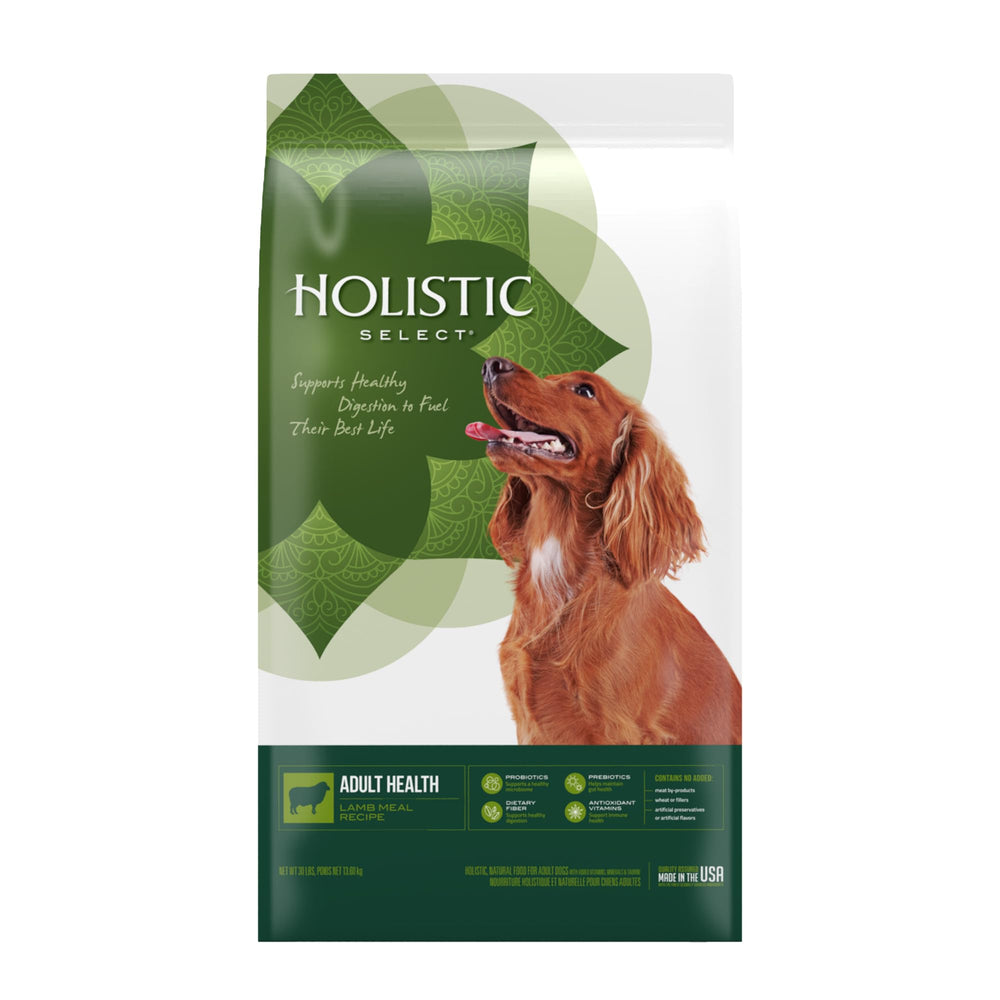 Holistic Select Lamb Meal Recipe 30lb bag showing kibble, ready to serve.