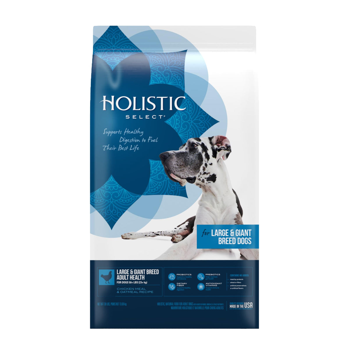 Holistic Select large-breed kibble bag promotes digestive health with natural ingredients.