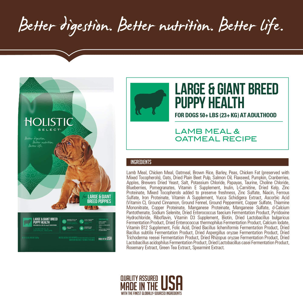Holistic Select probiotics and prebiotics support digestive health in large breed puppies.