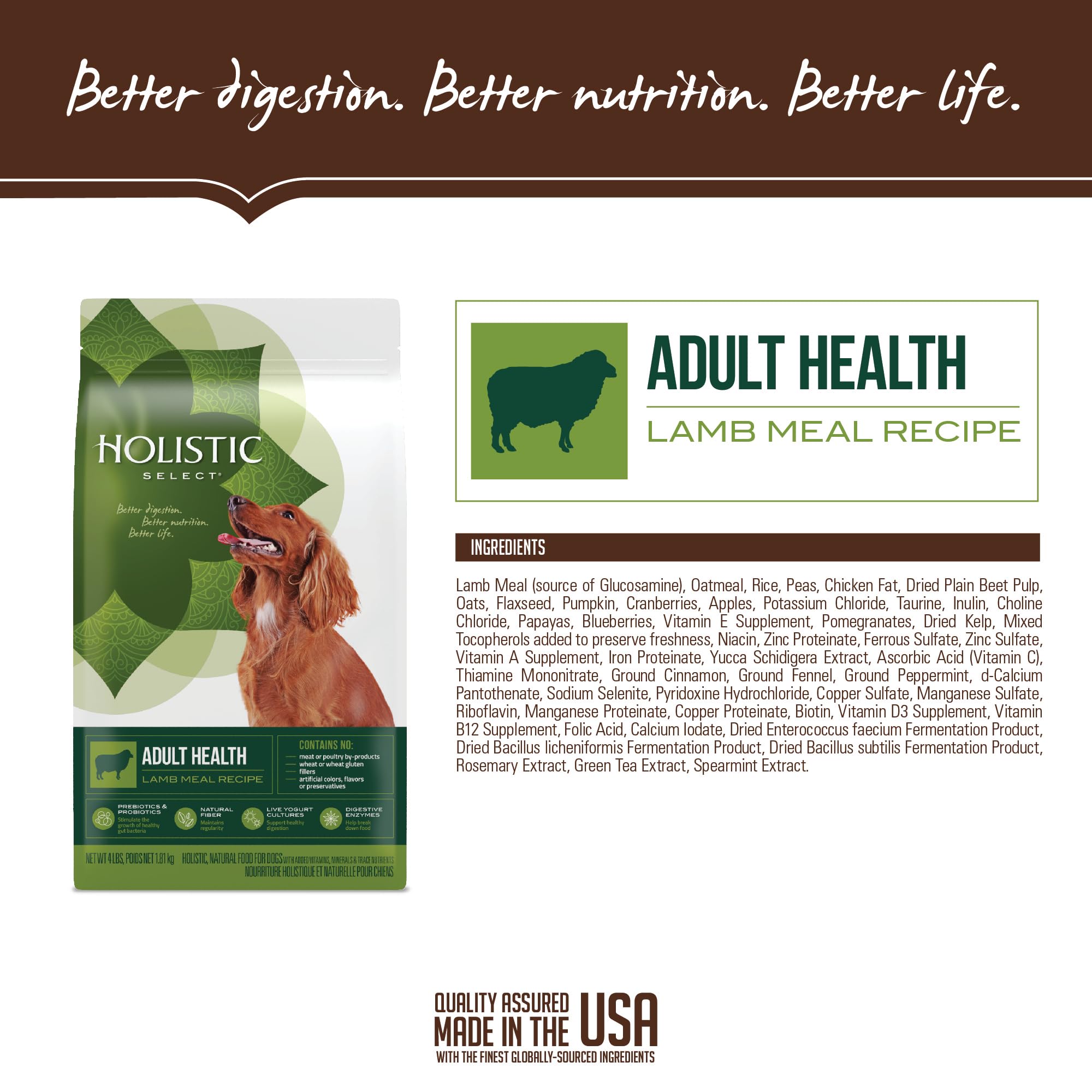 USA-made Holistic Select dog food bag emphasizing quality production.