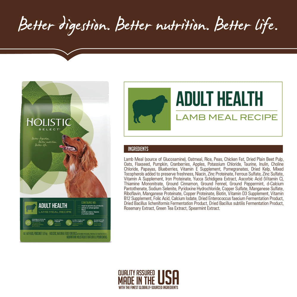 USA-made Holistic Select dog food bag emphasizing quality production.