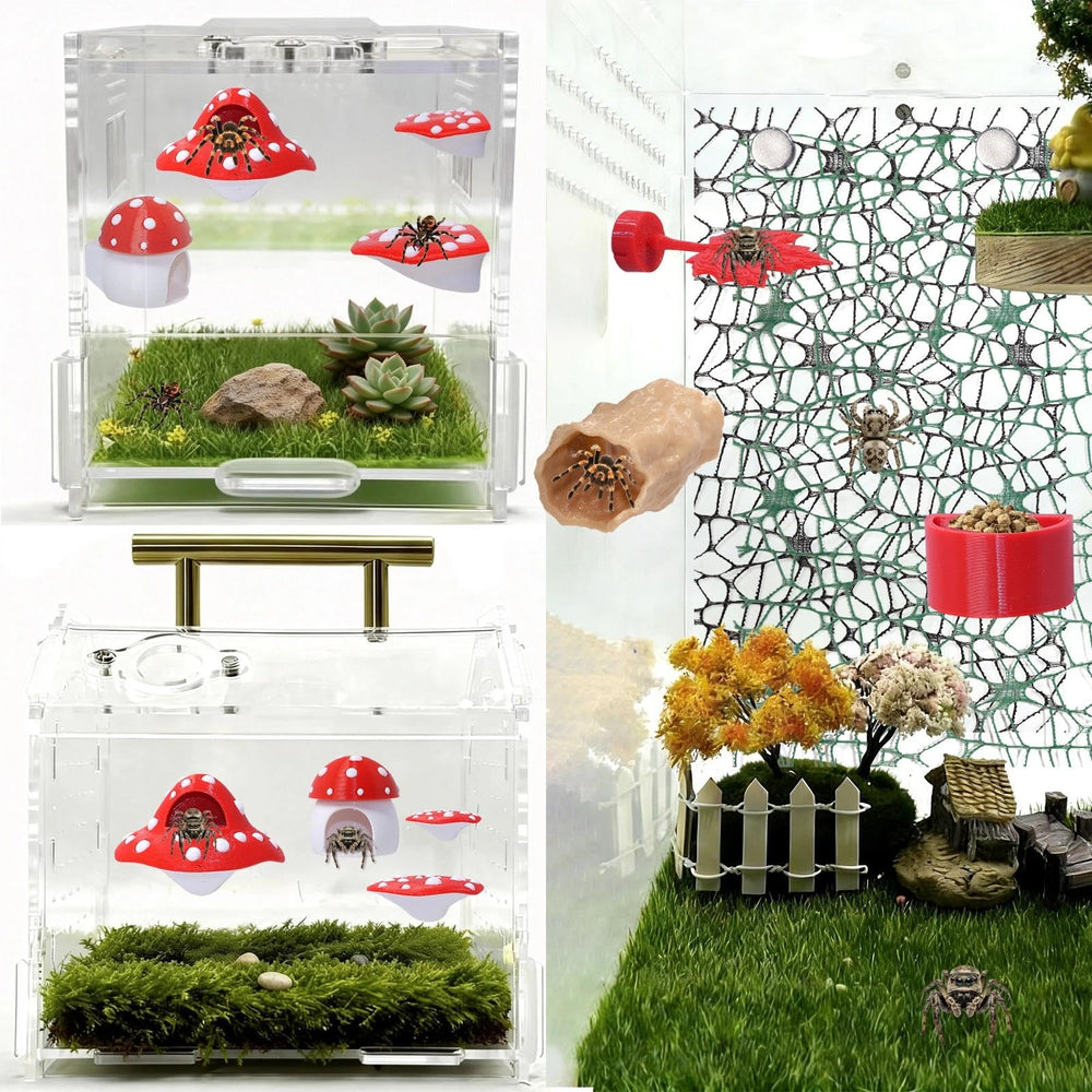 Hollima 9P 3D Jumping Spider enclosure decor set transforms habitat with vibrant red mushroom theme.