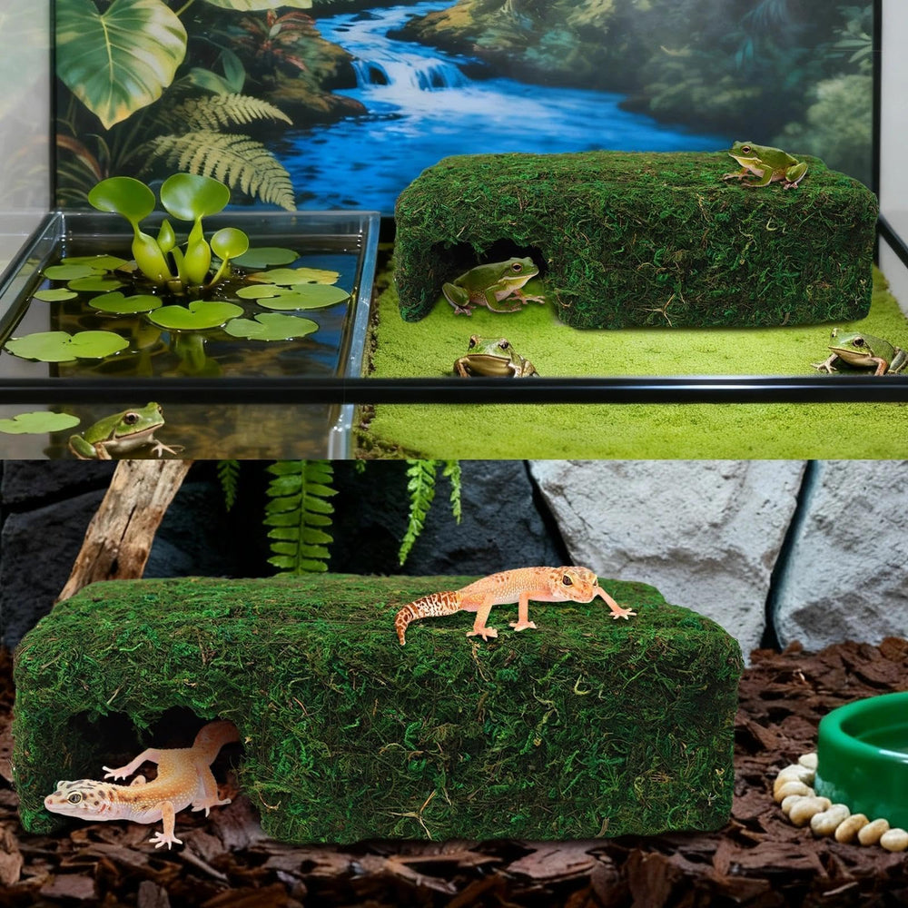 Hollima Mossy Cave Hide sturdy construction resists tipping in active enclosures