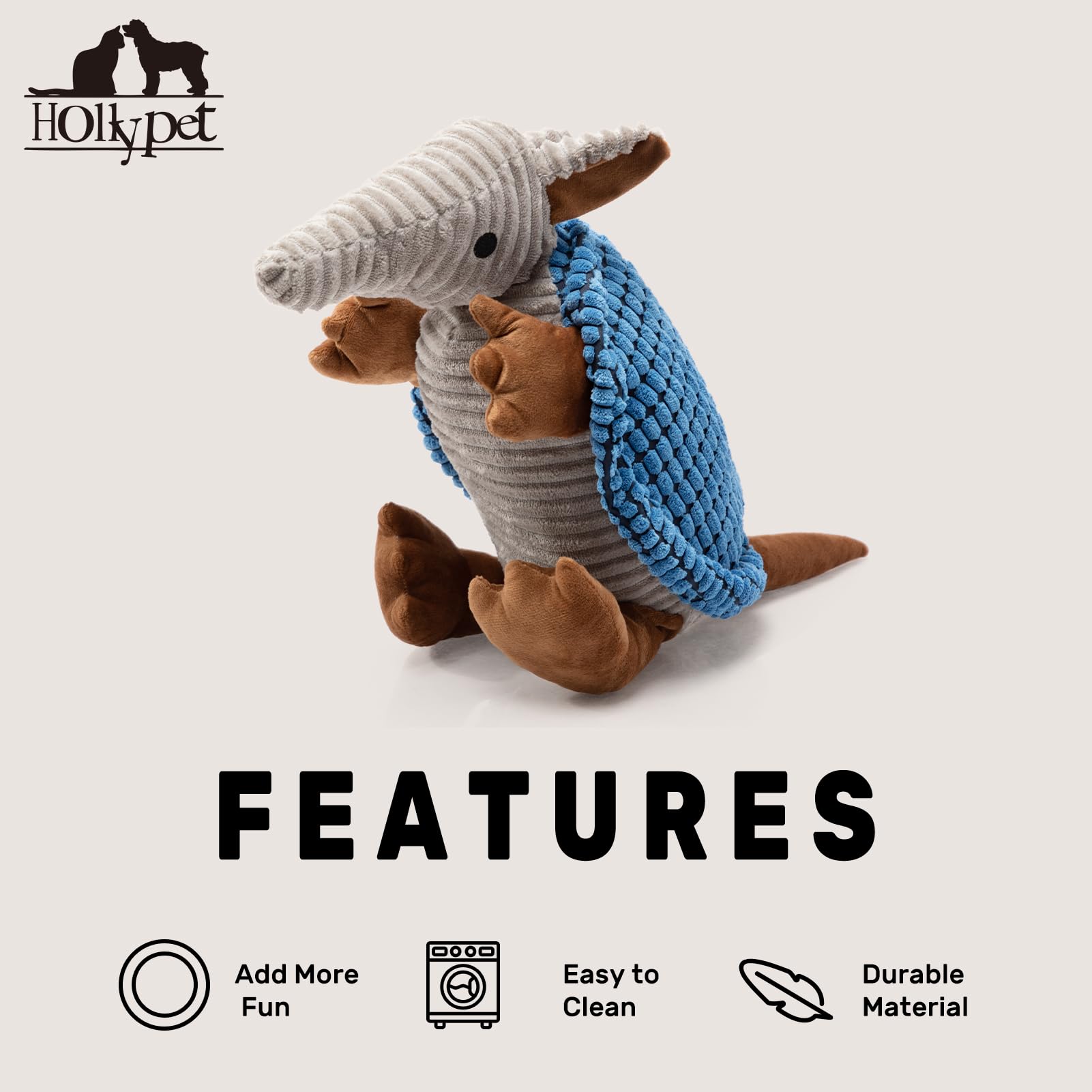 Hollypet armadillo chew toy blue, promotes interactive games without harsh noises.