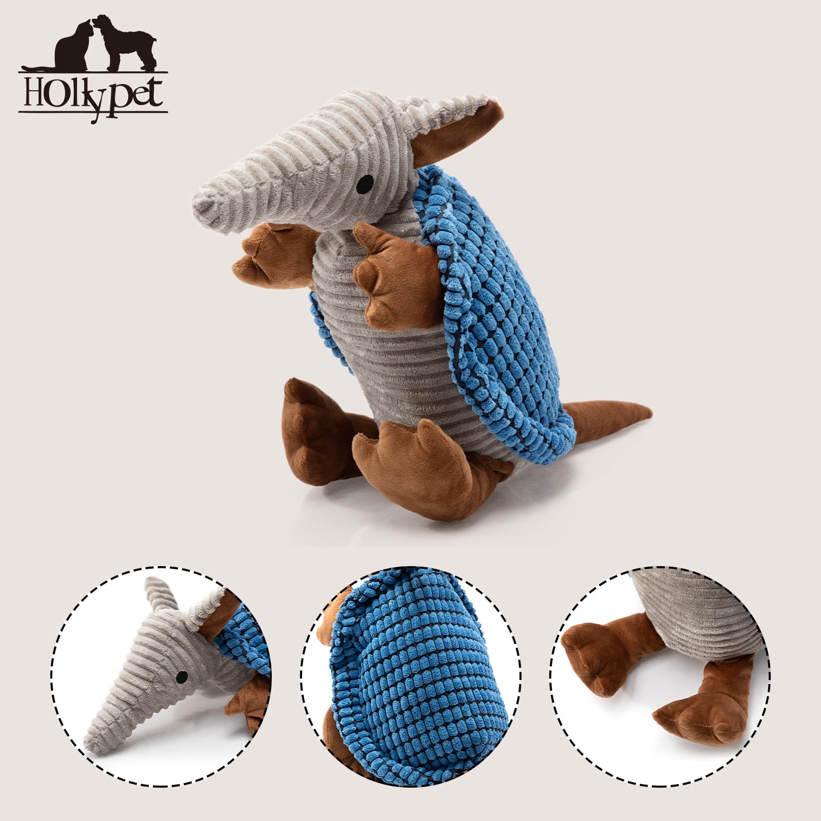Hollypet armadillo close-up blue plush with squeaker for interactive play.
