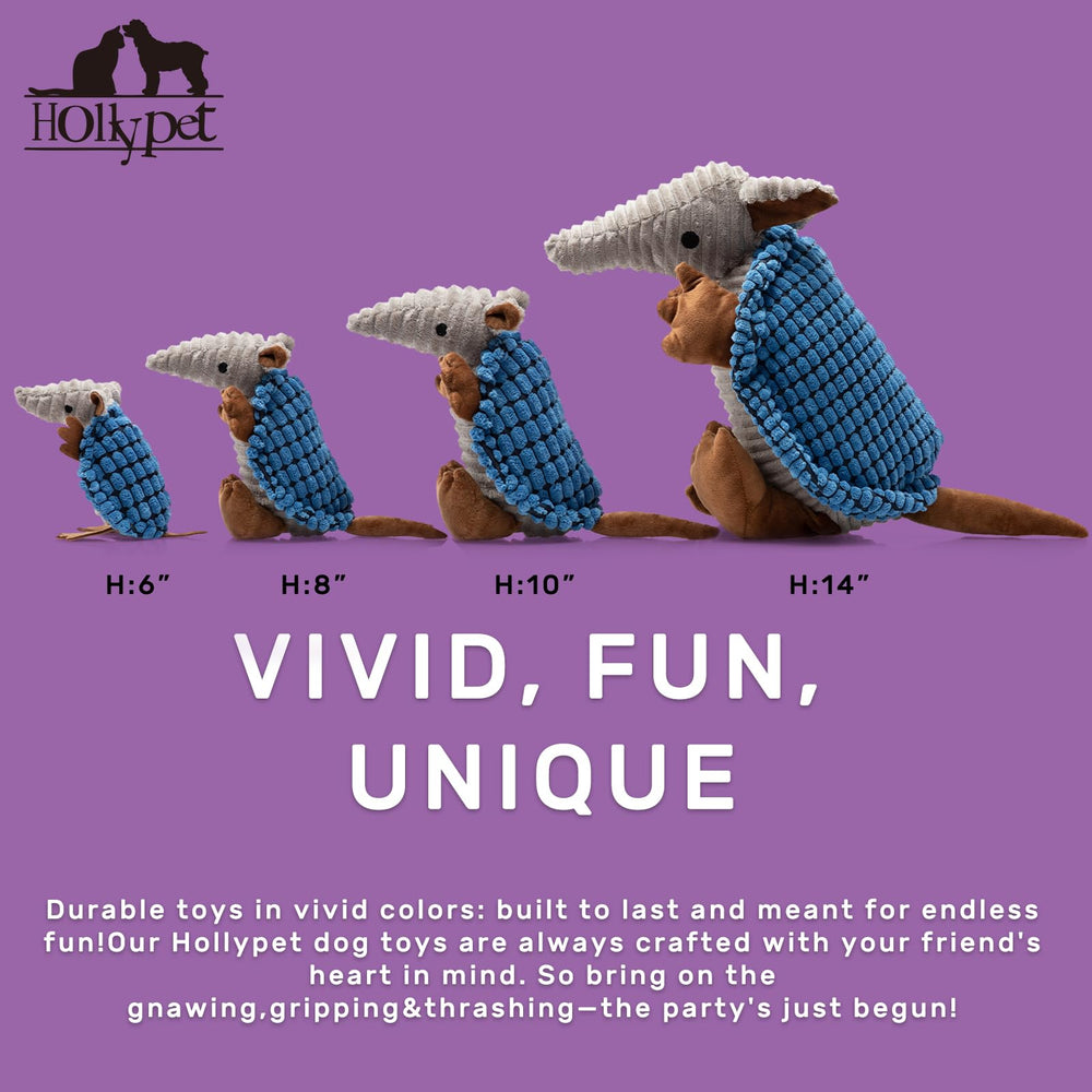Hollypet armadillo plush toy blue, side view showing soft texture for gentle chewers.