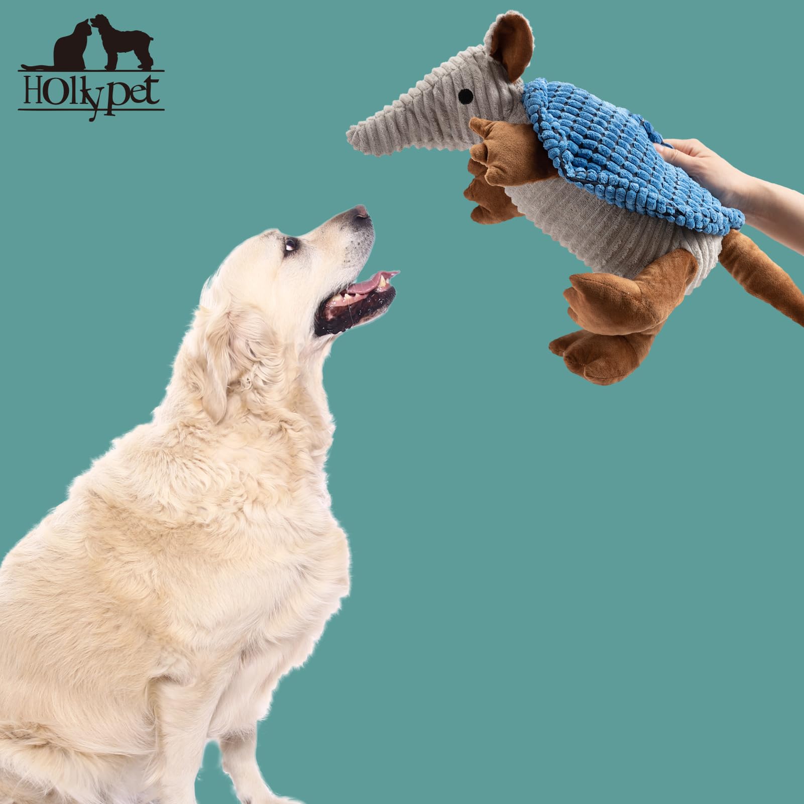 Hollypet plush dog toy armadillo in blue, ideal for puppies and small to medium dogs.