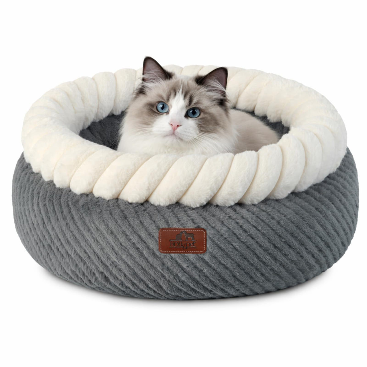 Hollypet round bed nest design creates secure, curled-up comfort for indoor cats.