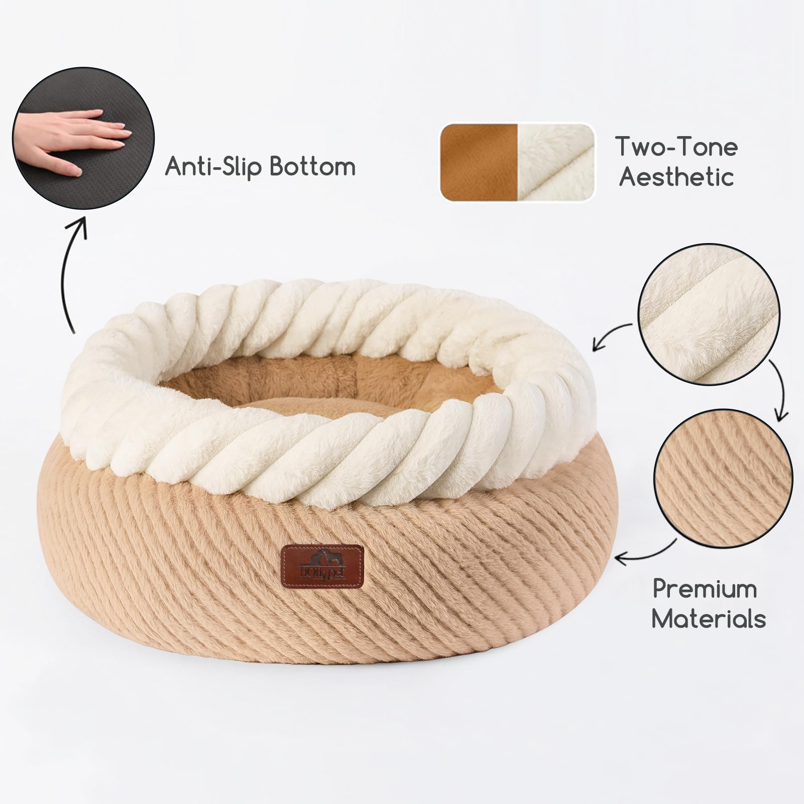 Hollypet round cat bed durable filling maintains fluff without flattening over time.