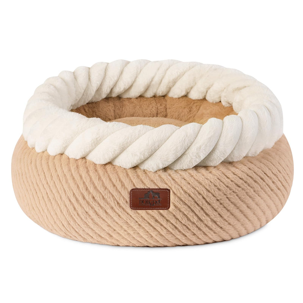 Hollypet round cat bed plush fabric close-up highlights soft, breathable material.