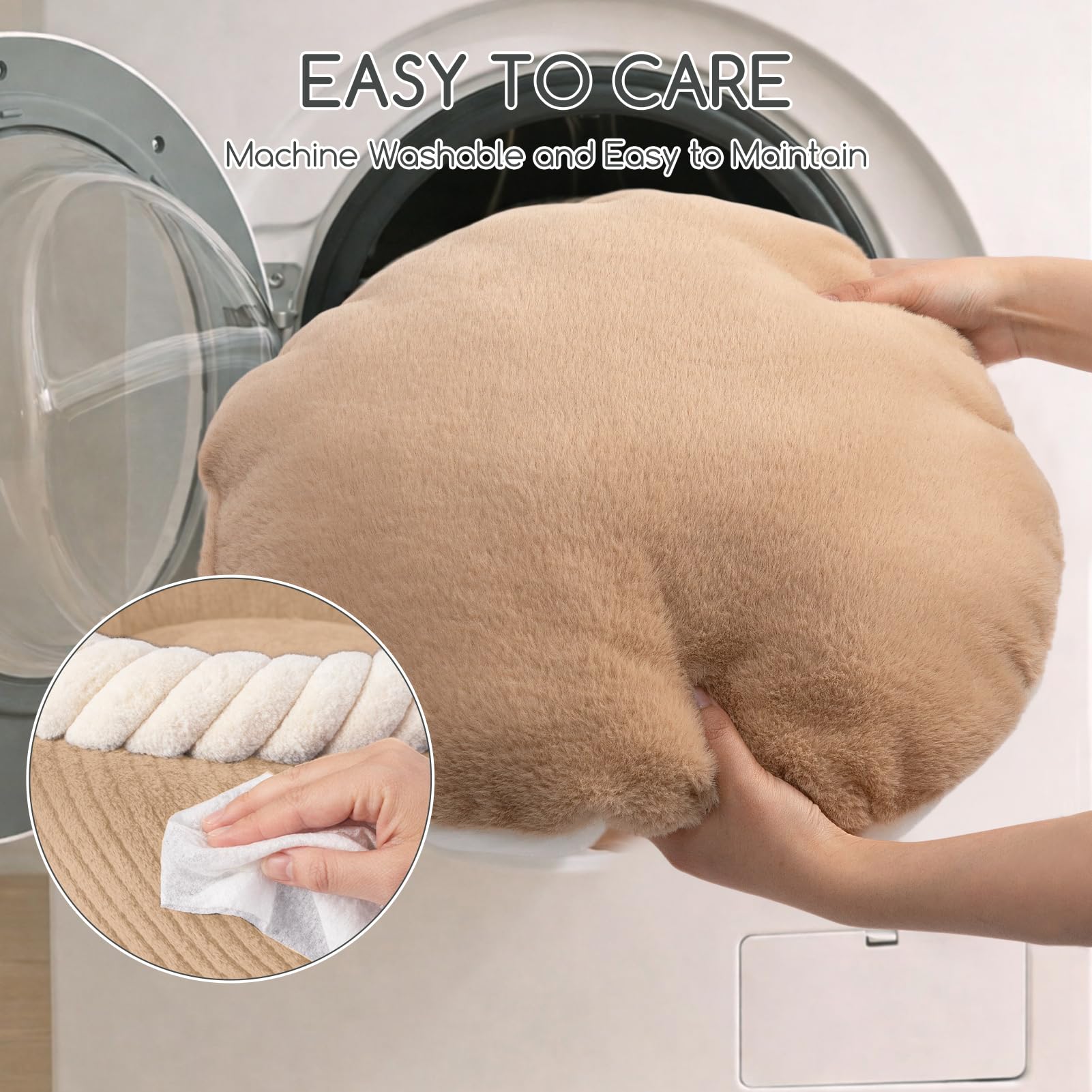 Hollypet round cat bed vacuum packaging demonstrates simple setup right after unboxing.