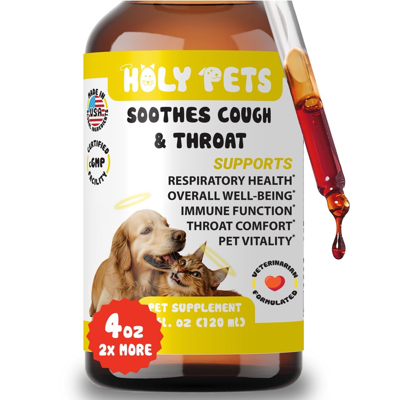 Holy Pets cough medicine bottle for dogs and cats with USA-made label.