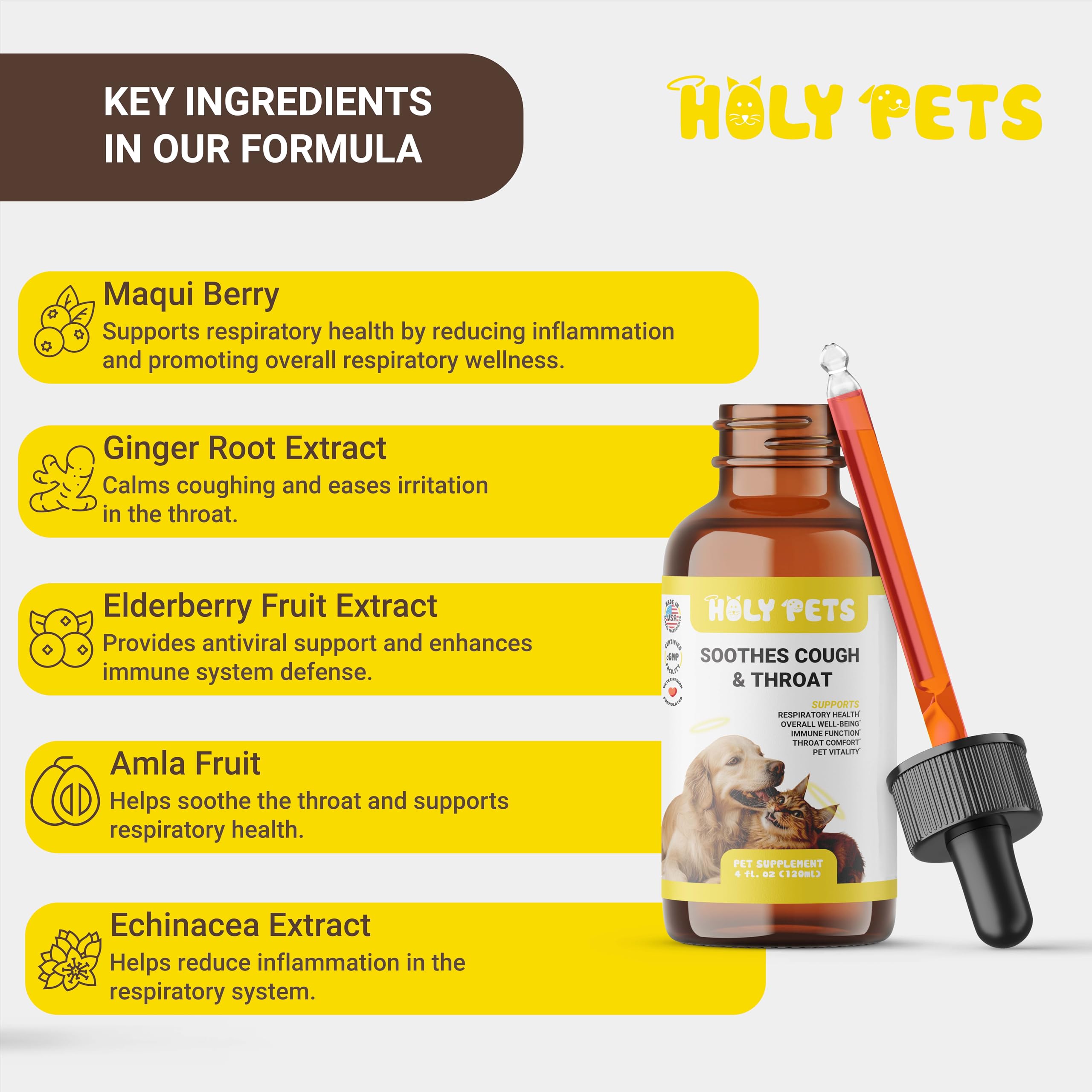 Dropper-dispensing visual shows easy, mess-free dosing for pet owners.