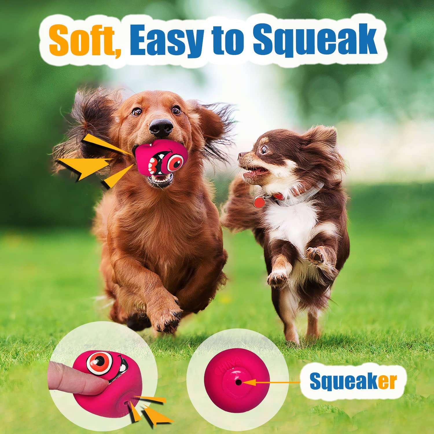 HOLYSTEED emoji-inspired squeaky ball revealing a durable squeaker inside.