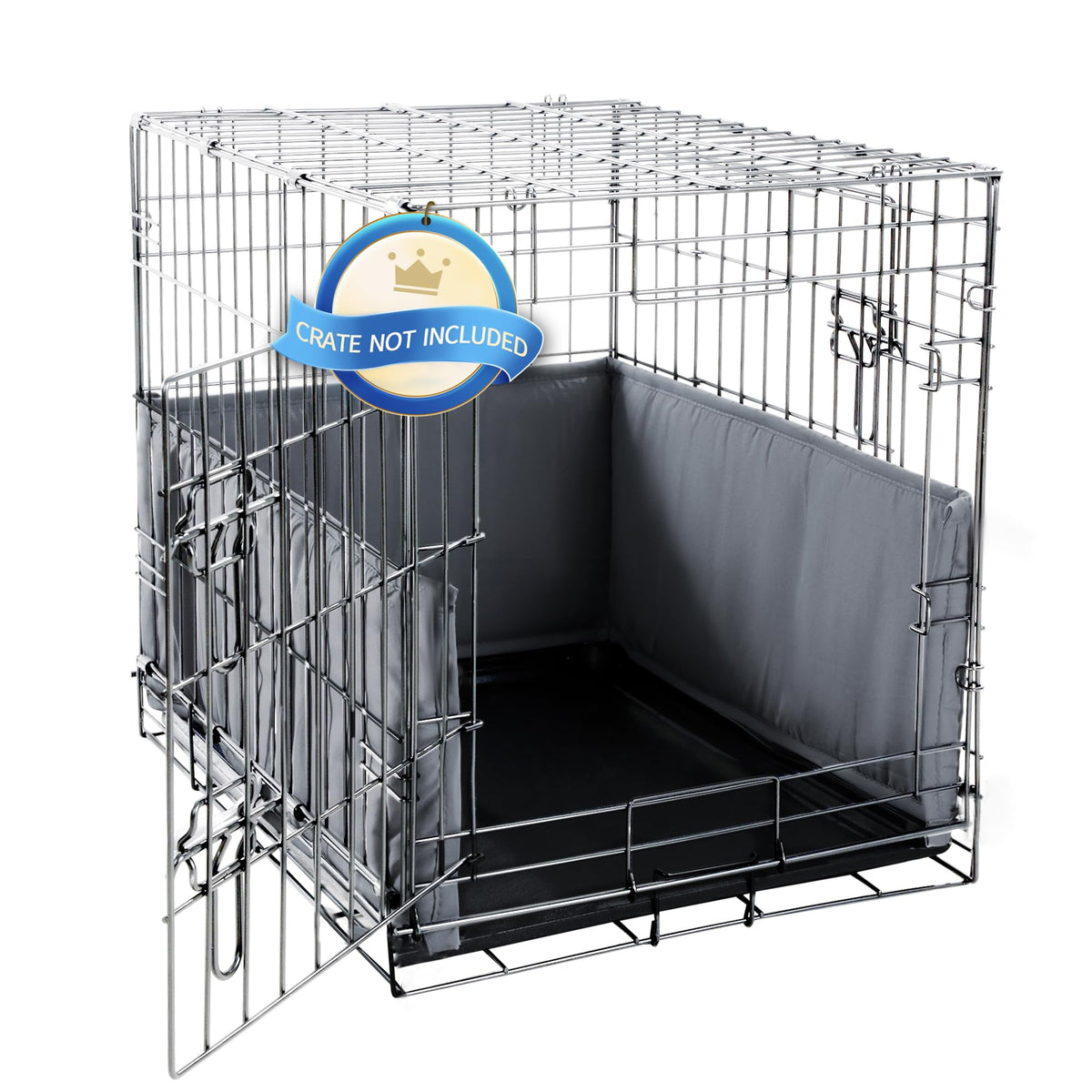 Hombys dog crate bumper with ties in gray protects paws at the crate.