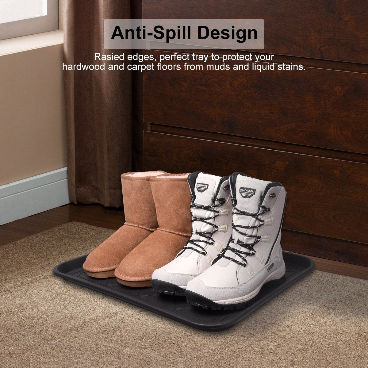 Home-Man pet spill tray containing bowls and mess for easy cleanup.