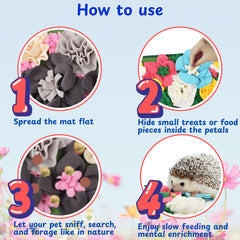 Homedy Crafts foraging mat in a cage with colorful flowers sparks exploration