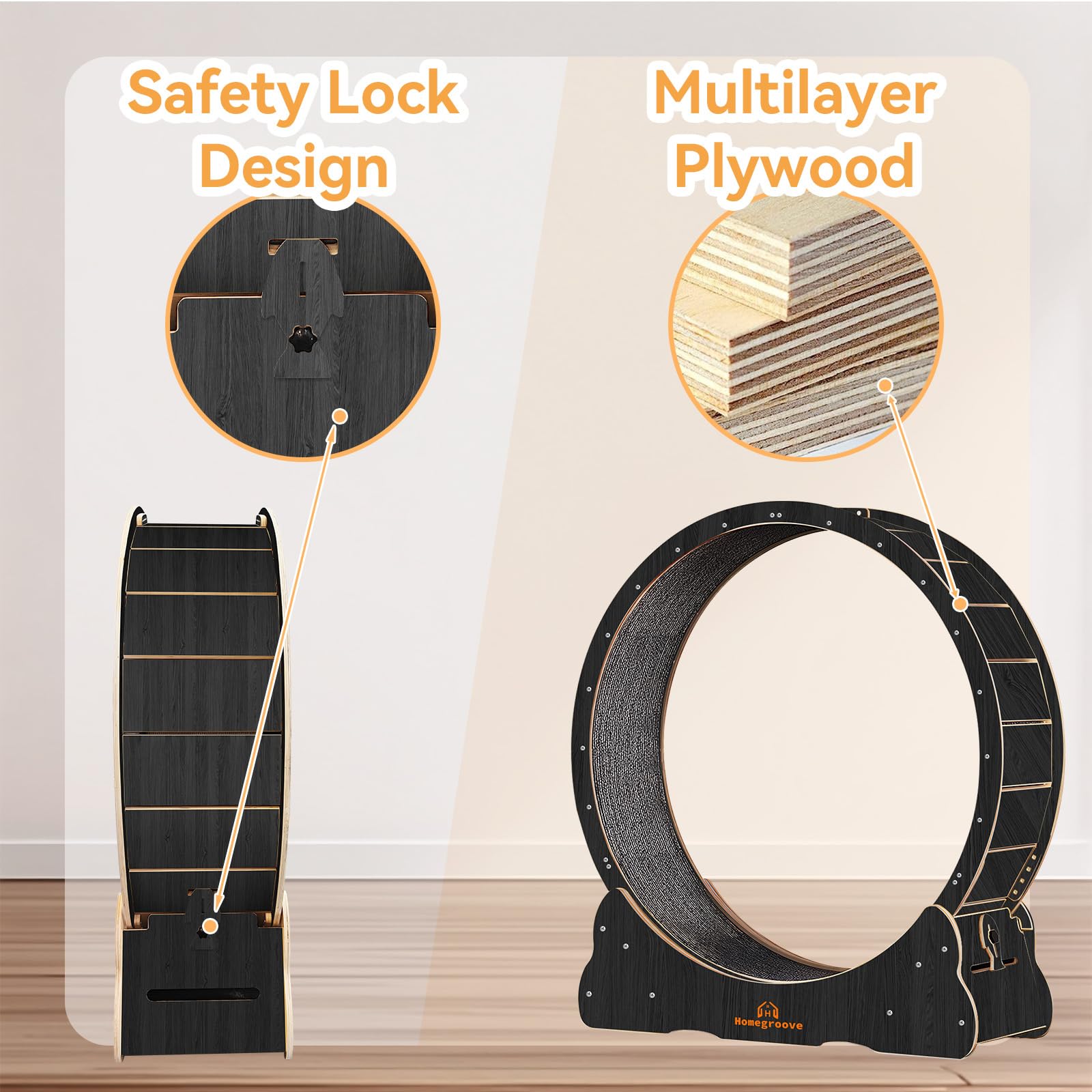 Rounded corners on Homegroove cat wheel prevent paw injuries