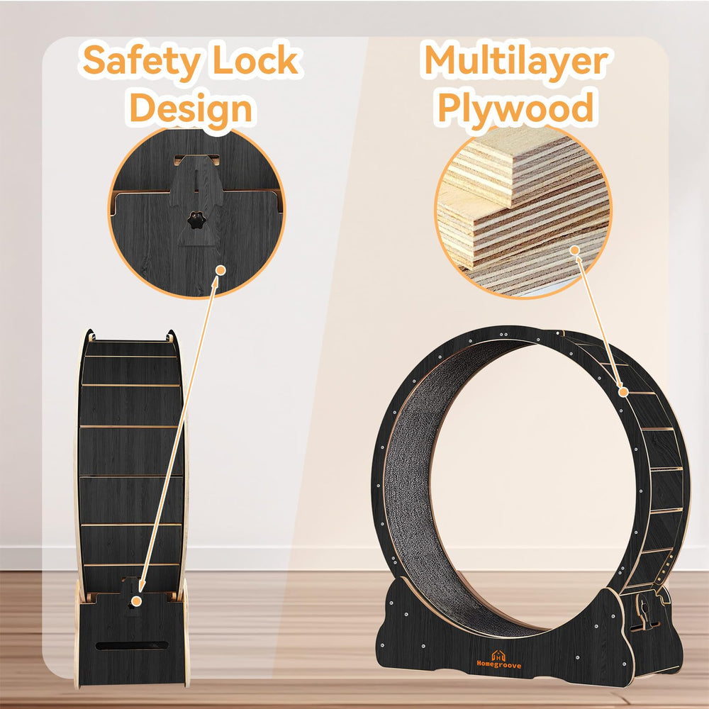 Rounded corners on Homegroove cat wheel prevent paw injuries