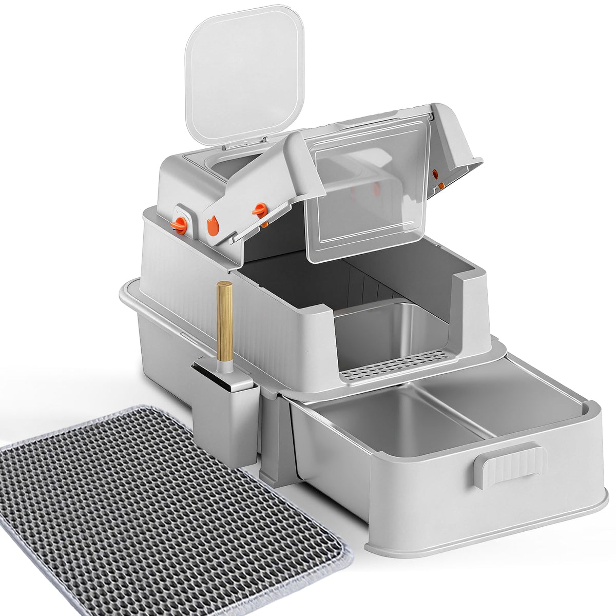 Homegroove enclosed stainless steel litter box with drawer for easy cleaning and hygiene.