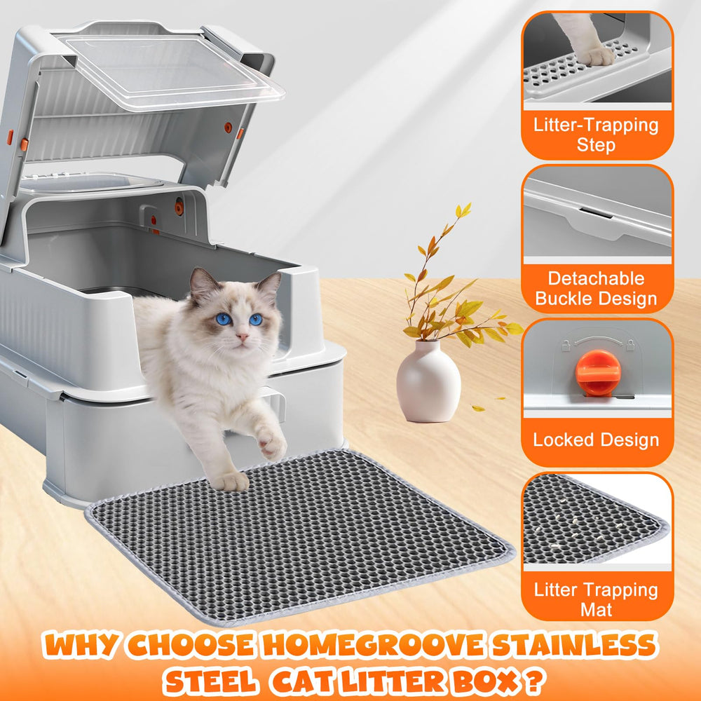 Homegroove pedal exit helps remove litter from paws as cats walk out.