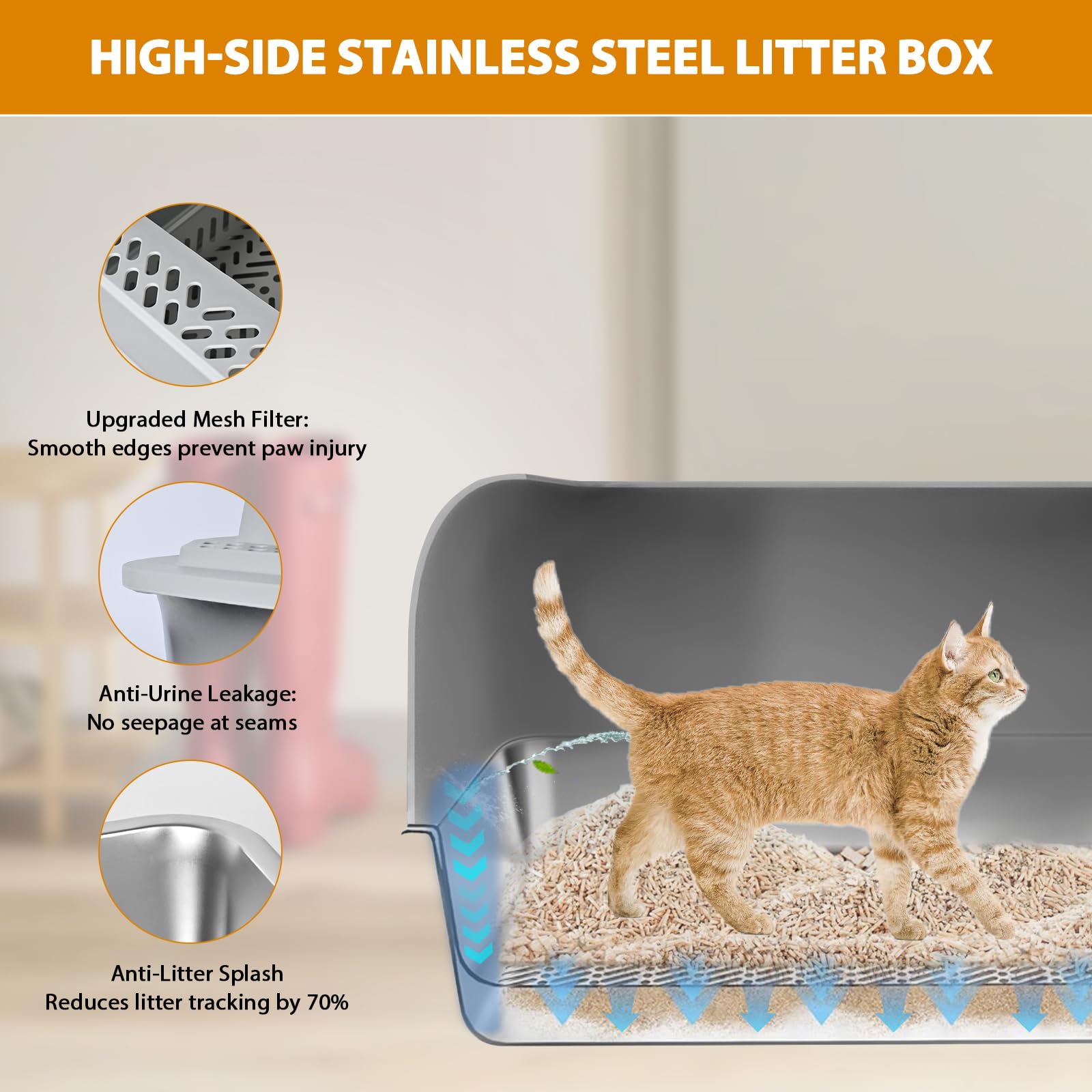 Homegroove stainless steel litter box sifting tray enables efficient waste filtration.