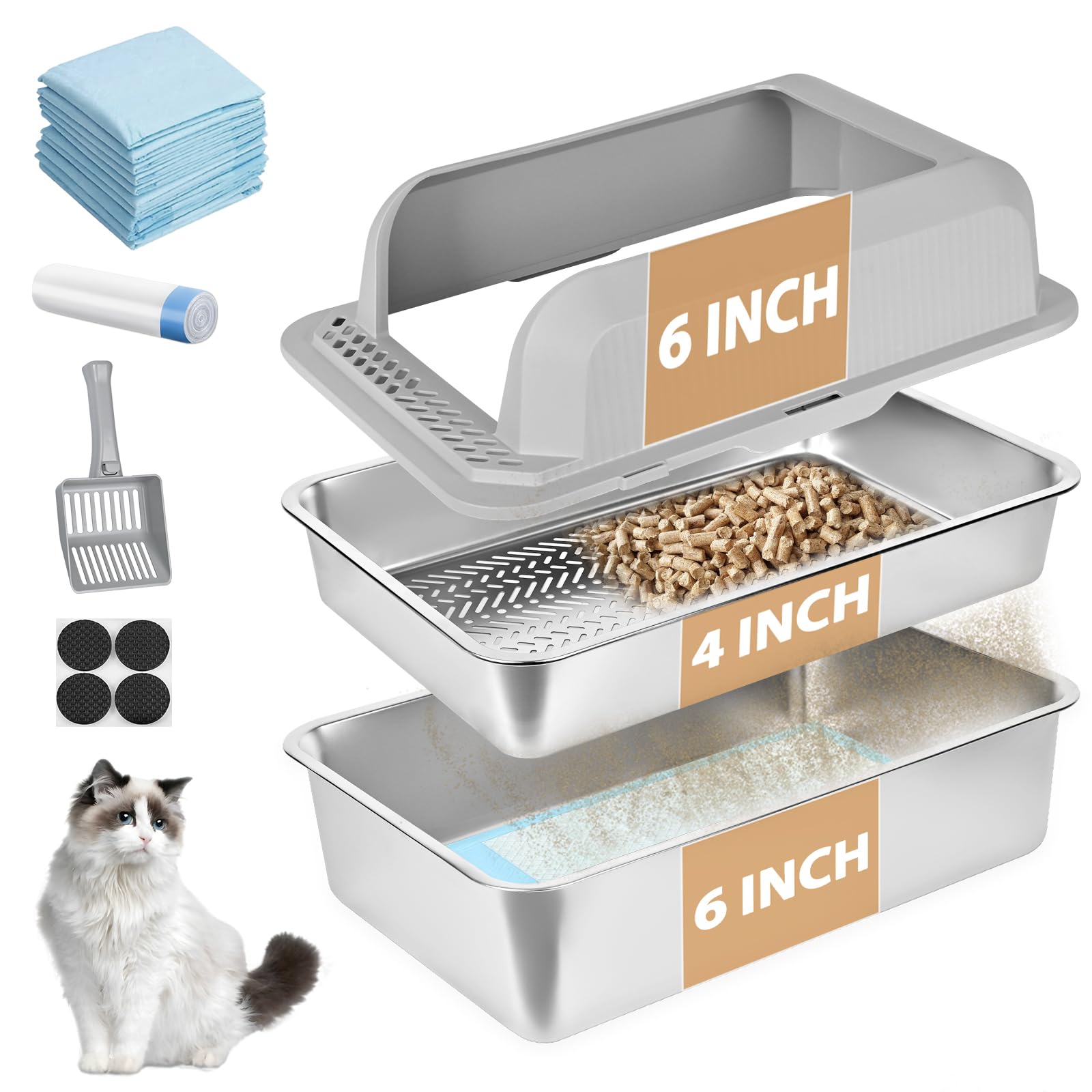 Homegroove stainless steel sifting litter box with pine pellets for easy waste separation.