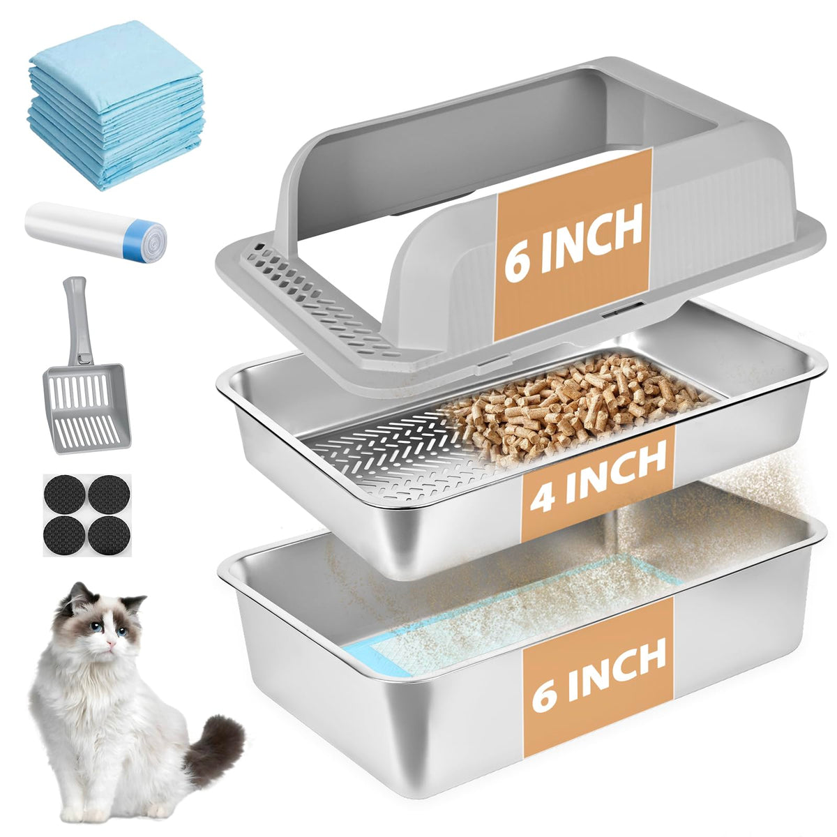 Homegroove stainless steel sifting litter box with pine pellets for easy waste separation.
