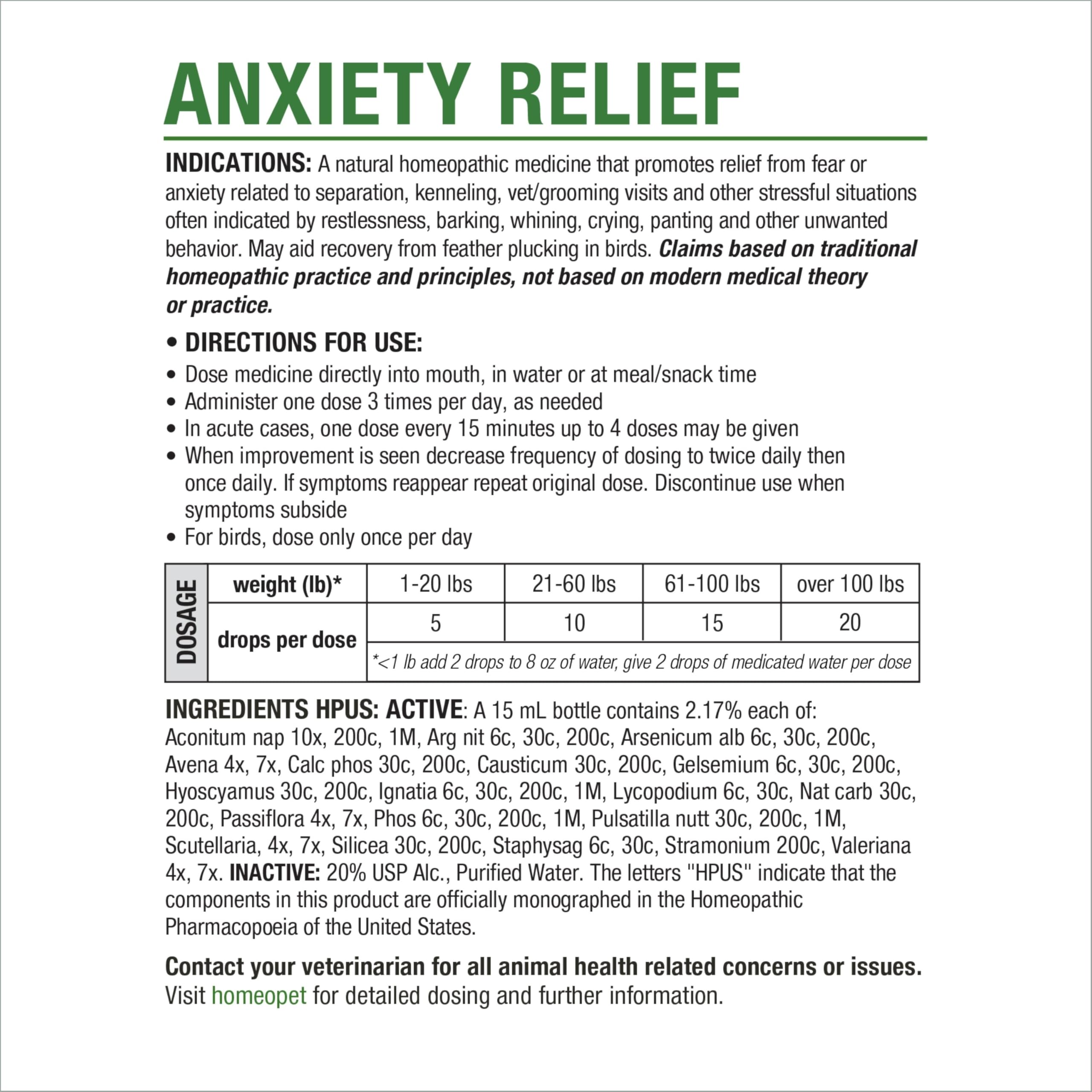 HomeoPet Anxiety Relief label close-up highlighting ingredients and safe use