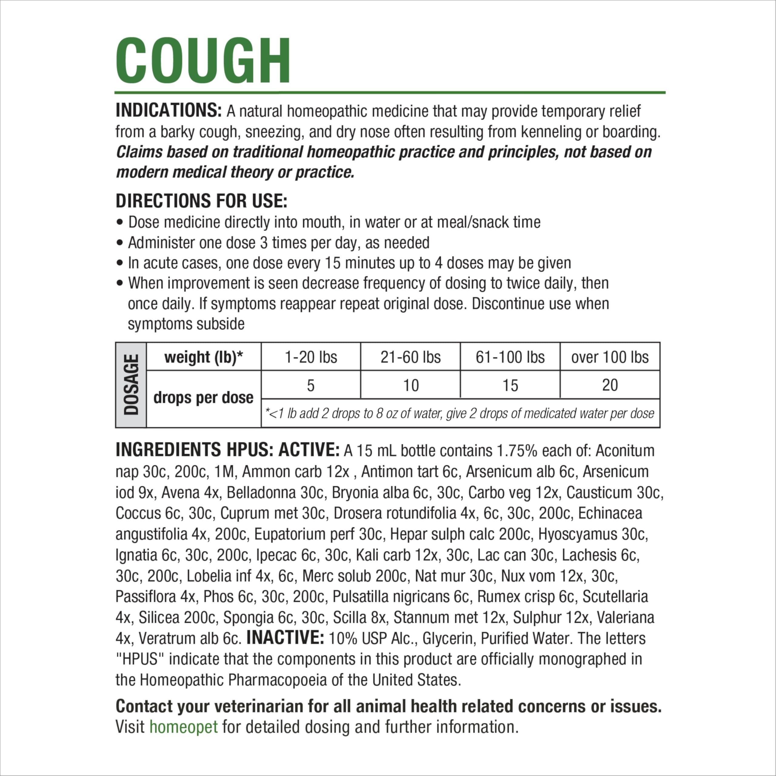 HomeoPet Cough dog-cat illustration highlights usage across species for versatile care options.