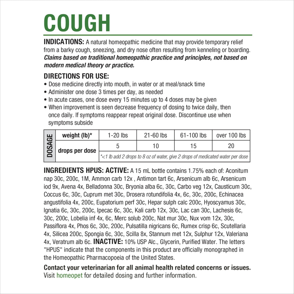 HomeoPet Cough dog-cat illustration highlights usage across species for versatile care options.
