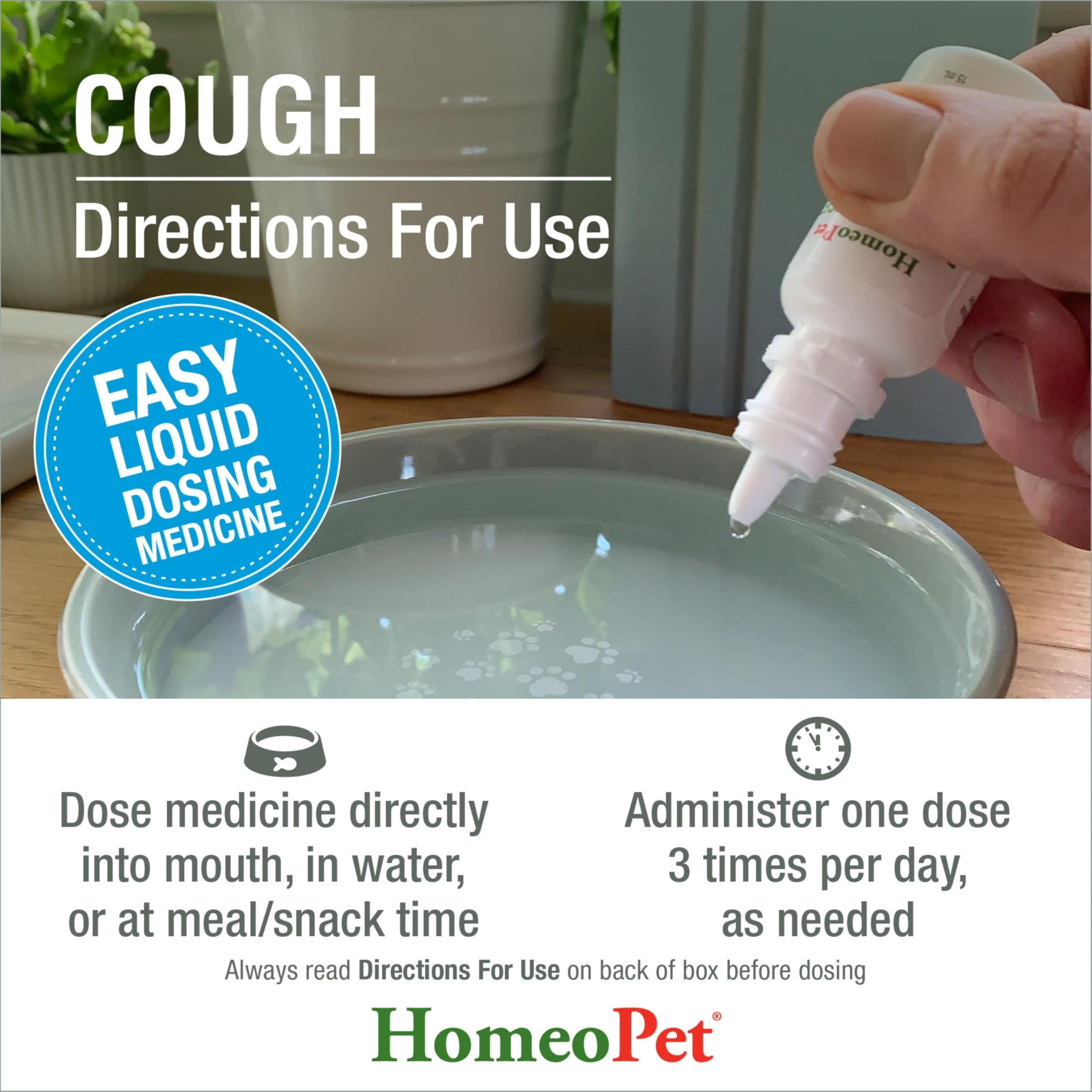 HomeoPet Cough meal time dose emphasizes simple integration with meals for pet-friendly care.