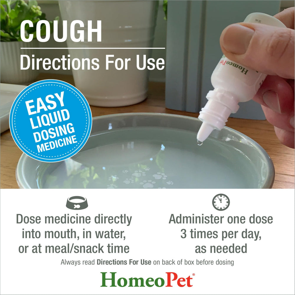 HomeoPet Cough meal time dose emphasizes simple integration with meals for pet-friendly care.