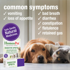 The HomeoPet Digestive Upsets label highlights natural ingredients