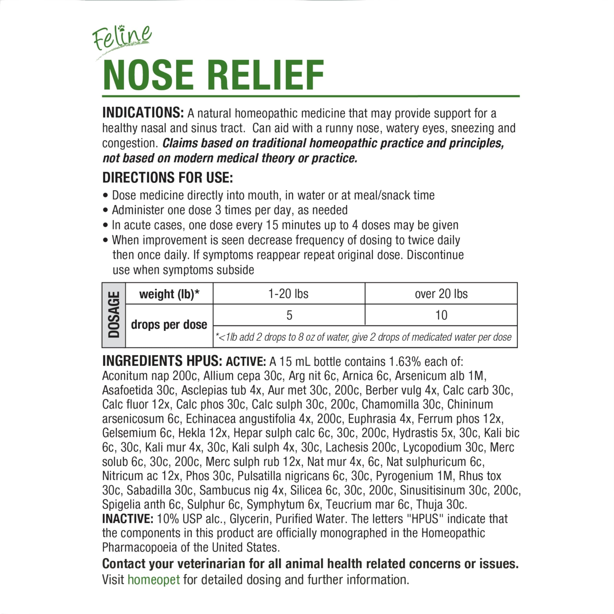 HomeoPet Feline Nose Relief 15ml bottle for on-the-go care.