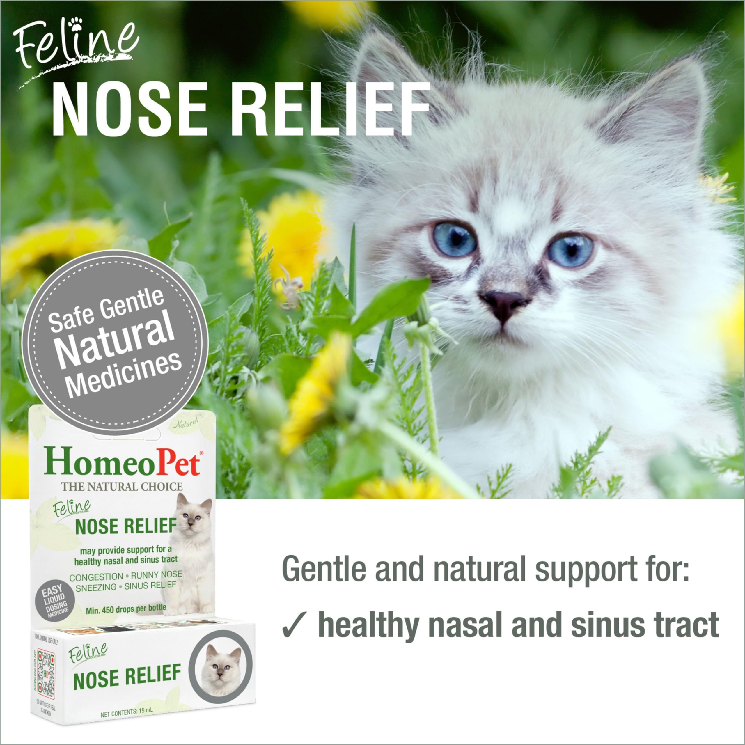 HomeoPet Feline Nose Relief bottle close-up shows liquid formula for sinus support.